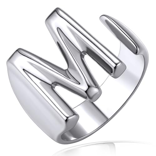 KeyStyle Initial M Alphabet Ring, White Gold Letter M Rings Adjustable Big Monogram Chunky Ring for Women