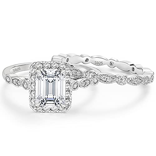 EAMTI 2CT 925 Sterling Silver Bridal Ring Sets Emerald Cut CZ Engagement Rings Vintage Promise Rings Marquise Wedding Bands for Women Size 7