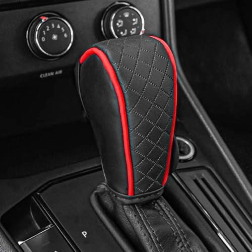 QKYS Leather Car Gear Shift Knob Cover, Upgraded Anti-Slip Design Stick Shift Knob Cover, Universal Durable Car Decorative Accessories Shifter Stick Protector Suitable for Cars,Trucks,SUVs (Black/Red)