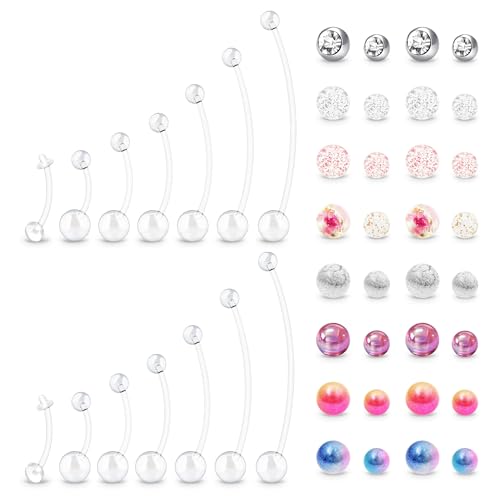 PiercingArt Pregnancy Belly Button Rings Plastic Silicone Flexible Maternity Navel Jewelry Clear Barbell Piercing Retainer Replacement Balls for Women 10mm 16mm 22mm 26mm 32mm 38mm 14G