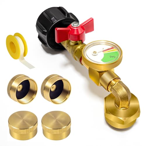 konros Propane Refill Adapter for 1 LB. Tanks, Propane Adapter 20lb to 1lb Converter with Gauge Valve, Propane Refill Elbow Adapter with 4 Bottle Caps for BBQ Grill Stove Camping RV, Solid Brass