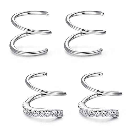 FUNRUN JEWELRY 2Pairs 925 Sterling Silver Twist Wrap Spiral Earrings for Women Double Hoop Climber Cuff Earrings Hypoallergenic Tiny CZ Cartilage Twist Piercing Earrings