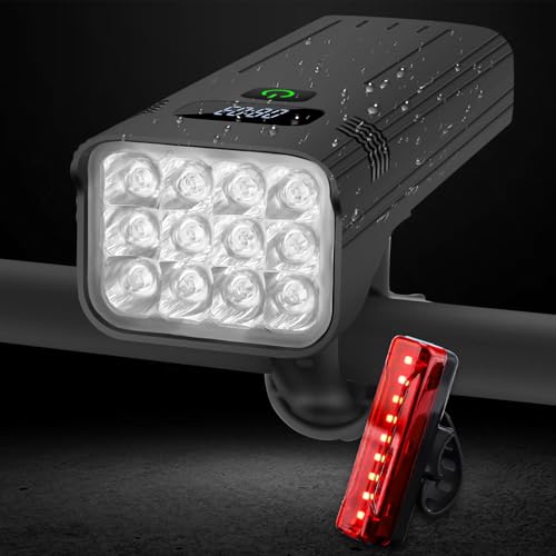 KASLIGHT 12 LED Bike Light Set, 10000 Lumens, USB TypeC Rechargeable, 5 Modes, Water Resistant, Front Left, Rear Right, Aluminum, Handlebar Mount, Bike Headlight Taillight Combination