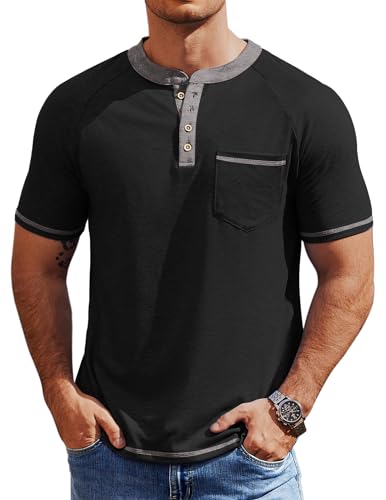 COOFANDY Mens Henley Short SleeveClassic Lightweight Tee Shirt 4 Button Fashion Pullover T-Shirts Big and Tall Henley Shirts S-XXXL Black