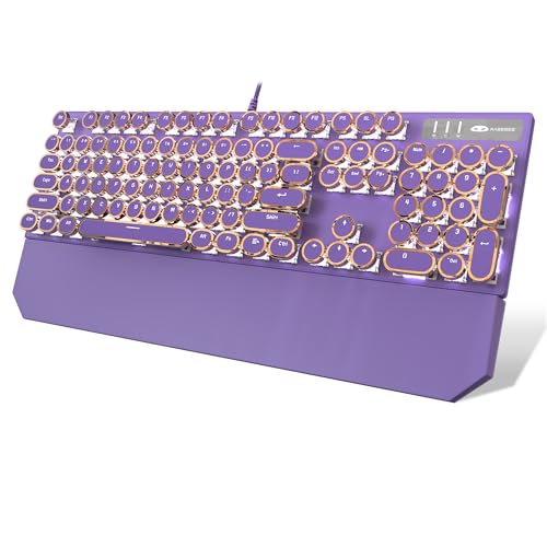 Camiysn Typewriter Style Mechanical Gaming Keyboard, Purple Retro Punk Gaming Keyboard with White Backlit, 104 Keys Blue Switch Wired Cute Keyboards, Round Keycaps for Windows/Mac/PC