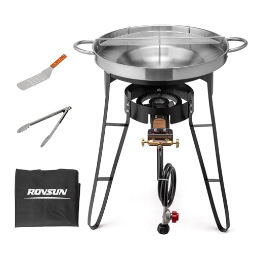 ROVSUN 23" Concave Comal Set with 80,000BTU Propane Stove, Stainless Steel Discada Disc Cooker with Burner Stand for Backyard & Outdoor Cooking, Taco Para Cocinar Carnitas Tortillas Stir Fry Wok