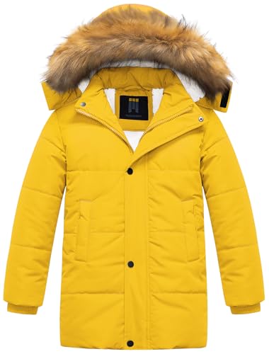 CREATMO US Boys Puffer Jacket Long Winter Coat Jackets Kids Coats Heavyweight Waterproof Parka Fur Hooded Yellow 8