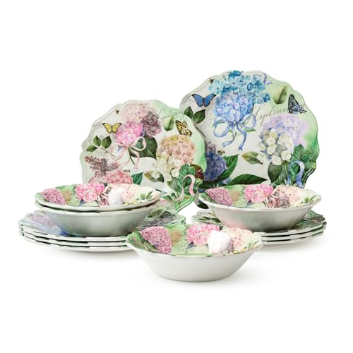 Garden Path Melamine 12-Piece Dinnerware Set - Hydrangea Design, Service for 4 with Dinner Plates, Salad Plates, and Bowls - Durable, Lightweight, and Dishwasher-Safe