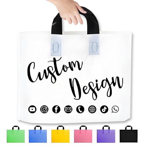 Custom 50-200 pcs Plastic Shopping Bags with Handles,Reusable Plastic Shopping Bags with Personalized Design Logo Text,Merchandise Bag for Shoping,Clothing,Boutique (13.77x9.84x3.93 inch)