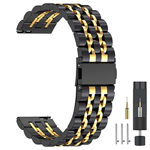 ZPJPPLX Universal Quick Release Watch Band,18mm 20mm 22mm Stainless Steel Metal Straps for Samsung Galaxy Watch 6/5/4/3,Garmin Watch,Huawei Watch, Amazfit GTS Replacement Band (Black Gold, 22mm)