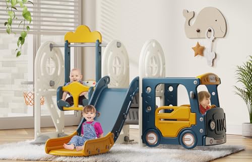 BIERUM Toddler Slide for Toddlers Age 1-3 with Basketball Hoop and Swing, Baby Slide for Kids Ideal Gift, Indoor Outdoor Backyard Playground Blue Yellow