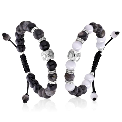 Elegant Beaded Bracelets - Natural Stone & Stainless Steel Healing Energy Jewelry for Couple Lover, Adjustable Sun and Moon Non-Smart Bracelet Set with Positive Meaning, Perfect Friendship Gifts
