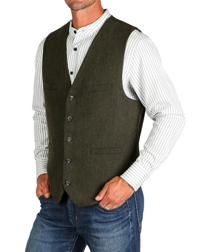 The Celtic Ranch Wool Blend Irish Tweed Mens Vest with Full Back, Adjustable Fabric Belt, 4 Pockets, and Herringbone Pattern (Olive, Medium)