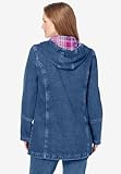 Woman Within Plus Size Flannel-Lined Denim Jacket Removable Hood Long Oversized Jean Coat - 2X, Medium Stonewash Plaid Blue