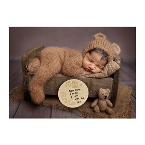 BLUETOP Baby Boy Costume Newborn Outfits, Newborn Photography Outfits Boy Girl with Bonnet, Hand-Knitted Teddy Bear Costume with Baby Announcement Sign