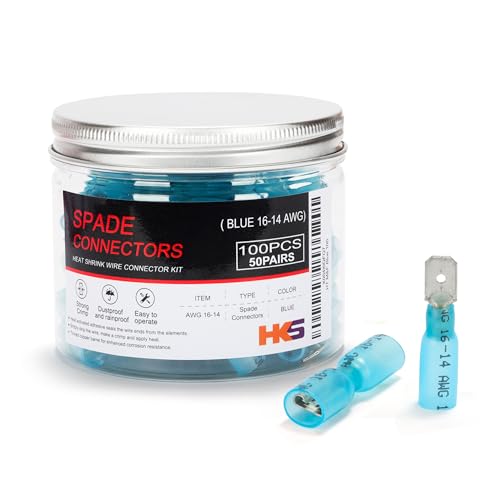 HKS 100PCS/50Pairs Heat Shrink Spade Connector - Blue 16-14AWG Male & Female Electrical Quick Disconnect Wire Connectors Kit Tinned - Automotive Marine Crimp - Waterproof and Insulated（M&F Blue）