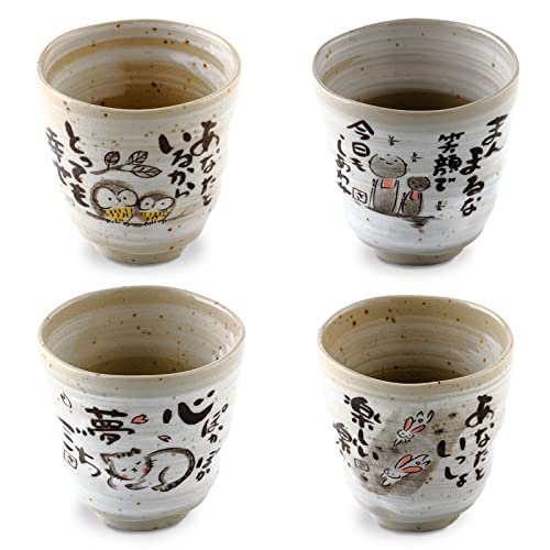 Product of Gifu Japan Mino Yaki(Ware) ceramic Handmade Japanese Tea Cups Sake Green Tea Yunomi Tea cup Mug, Japanese Poem Design(Rabbit, Owl, Cat, Jizo), Gray 6.1 fl oz