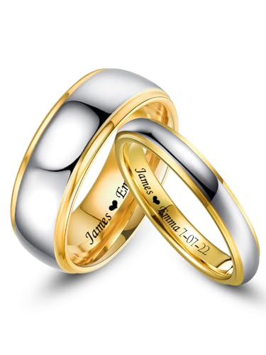 Couples Rings Set 4mm 8mm Silver Gold Personalized Engraved Tungsten Engagement Wedding Band Domed Step
