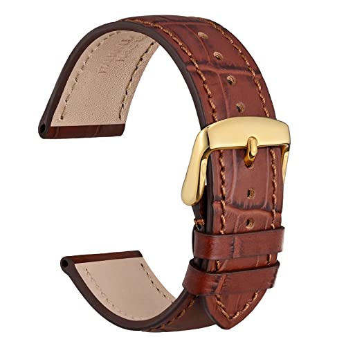 WOCCI 18mm Watch Band, Italian Leather, Embossed Alligator Grain, Gold Buckle (Brown)