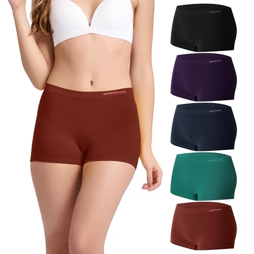 BAMBOO COOL Women's Boyshort Panties Seamless High Waist Underwear Stretchy Moisture Wicking Boxer Briefs for Ladies 5 Pack