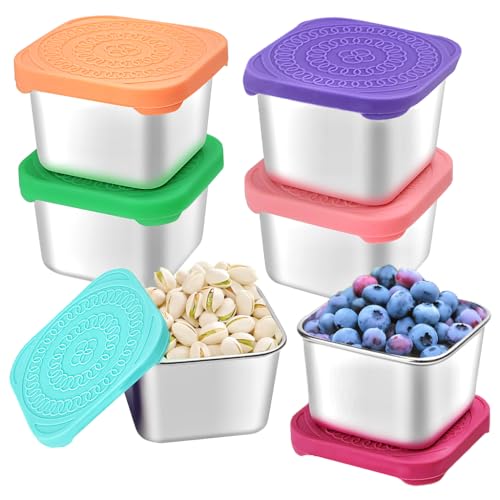 HTEVW 6Pack 6oz Stainless Steel Snack Containers for Kids, Easy Open Leak Proof Metal Toddler Snack Containers with Silicone Lids, Stackable Metal Toddler Lunch Box for Daycare, School and Travel