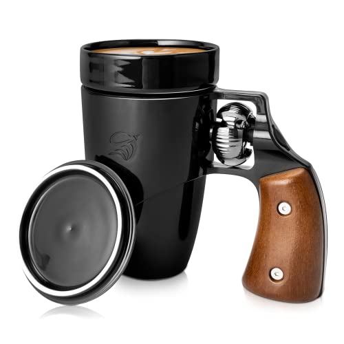 VIREESR Coffee Mugs for Men, Ceramic Novelty Funny Revolver Coffee Cup Mugs, Birthday Gifts for Father, Black Cool Unique Gun Mugs for Men, Fathers Day Dad Gifts(16 oz BLACK)