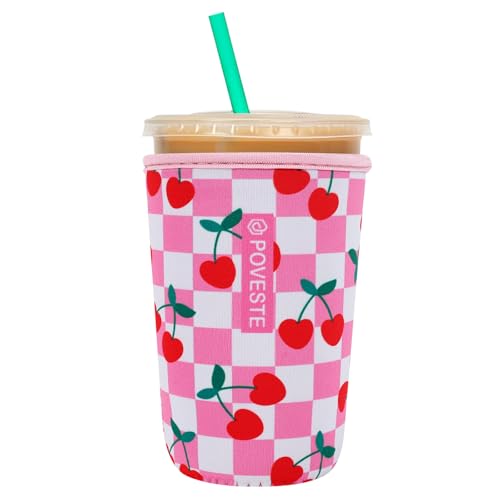 Reusable Neoprene Insulator Sleeve for Iced Coffee & Cold Soda, Coffee Sleeves for Iced & Hot Drinks, Cold Beverage Cooler Compatible with Starbucks, Dunkin (Pink Checkerboard&Cherry, Medium: 22-24oz)