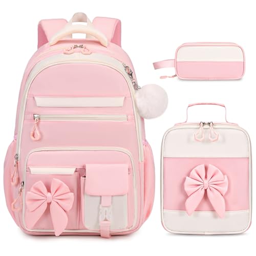 DIGOBAY Backpack for Girls, 3PCS Girls Backpack for School with Lunch Bag Pencil Case, Cute Kids Teens Bookbag for Kindergarten Elementary Preschool Middle School (Pink)