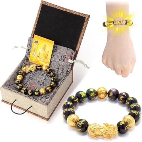 biuufish Feng Shui Bracelet 24K Gold Plated PiXiu Bracelet, Obsidian Dragon Protection Meditation Decompression Prayer Beads Lucky Wealth Bracelets for Men Women (12mm)