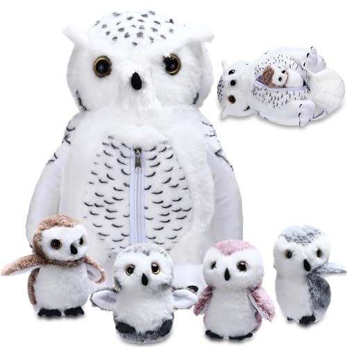 Hollowfly 5 Pcs Owls Plush Toy Gift Set 15.7" Mommy White Owls with 4 Cute Babies Stuffed Animal in Zippered Belly Nurturing Plushies Toy Set for Kid Adults Birthday Birthday Party Favors Gifts