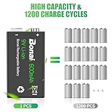 BONAI 6F22 9 Volt Rechargeable Battery(4 Pack) 600mAh Li-ion Rechargeable 9v Batteries with Charger(2 Bay) High Capacity