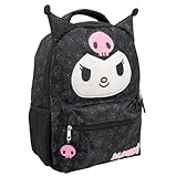 AI ACCESSORY INNOVATIONS Hello Kitty Kuromi Backpack for Girls, Sanrio Kawaii Bookbag, 16 Inch Anime School Bag with 3D Features, Black