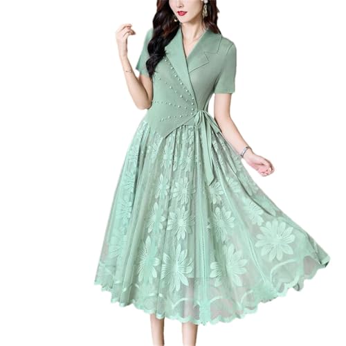 Women Print Patchwork Midi Pleated Dress Summer Short Sleeve V-Neck Elegant Dress Korean Vintage Dress EN8 M