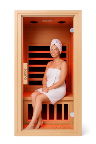 Infrared Home Sauna Room 1 Person Hemlock Wooden Indoor Dry Sauna，Low EMF 1200W/110V Heaters Panels,LCD Control Panel,10 Minutes Pre-Warm up,Time and Temp Pre-Set,1-Year Aftersale