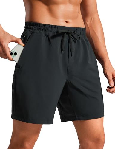 CRZ YOGA Mens Swim Trunks 7'' Quick Dry Mesh Lining Athletic Casual Swimwear Shorts with Zipper Pockets Black Large
