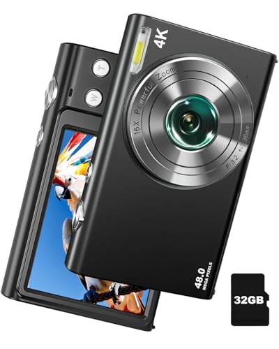 4K Digital Camera for Photography and Video Autofocus Anti-Shake, 16X Zoom 48MP Point Shoot Camera Camera for Teens Adult Beginner with 32GB Card, 2 Batteries, Charger(Black)