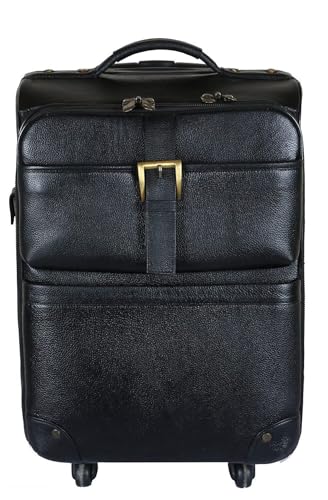 Top Grain Leather Trolley Bag for Travel Suitcase Bag Men and Women Cabin Pilot Trolley Bag (Black)