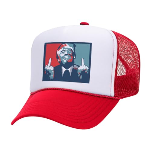 TeesAndTankYou Trump Middle Fingers Foam Trucker Cap Adjustable Mesh Back Hat White/Red