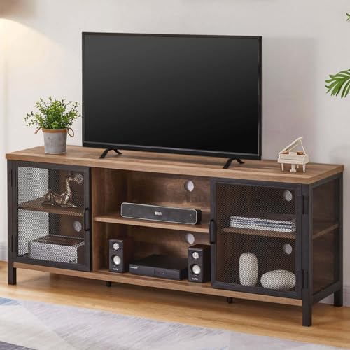 FATORRI Industrial Entertainment Center for TVs up to 65 Inch, Rustic Wood TV Stand, Large TV Console and TV Cabinet for Living Room (60 Inch Wide, Rustic Oak)