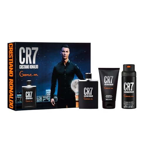 Cristiano Ronaldo CR7 Game On - 3 Pc Gift Set for Men - 3.4oz Eau De Toilette Cologne, 5.1oz Shower Gel, 4.1oz Body Spray - With Papaya, Ice, Cedar, and Cashmere Wood Fragrance - Long Lasting Perfumes