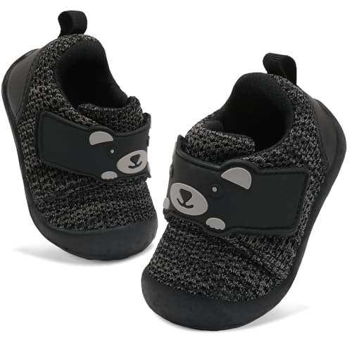 FEETCITY Wide Baby Sneakers Infant Walking Shoes Boys Girls Baby Sneakers Breathable Non-Slip Infant Barefoot Shoes 18-24 Months Black Grey