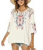 LauraKlein Mexican Embroidered Top for Women Bohemian Shirt Peasant Style Loose Shirt Blouse Hippie Loose Fitting (White-M)