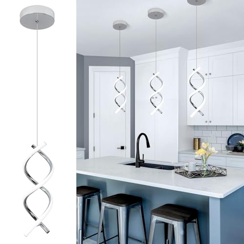 CANEOE Spiral Led Pendant Light Fixture,15W Cold White Light Modern Integrated LED Hanging Lamp, Adjustable Island Light Fixture for Living Room Bedroom Kitchen Sink, 1 Pack (Chrome)