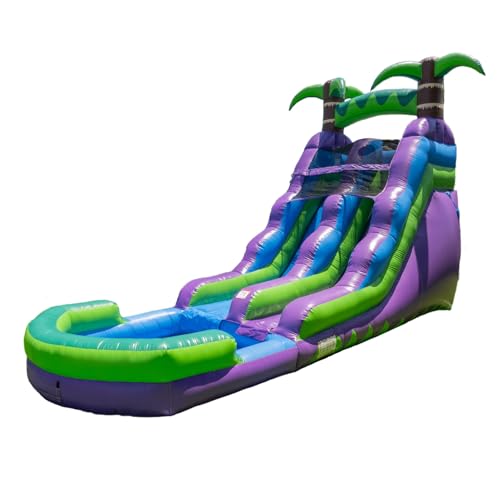 HeroKiddo 16’ Purple Tropical Lightweight Premium Commercial Grade Water Slide Inflatable with Attached Pool for Kids and Adults (with Blower), Wet Dry Use, Summer Fun