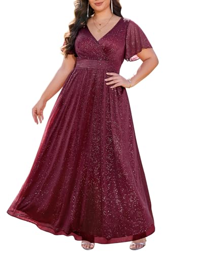 Talisea Burgundy Dress for Women Plus Size Bridesmaid Formal Evening Gowns Prom New Years Holiday Glitter Long Maxi Dresses