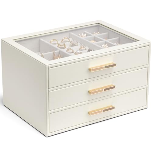 Vlando Jewelry Box for Women, Glass Lid Jewelry Organizer with 3 Drawers for Necklaces Rings Earrings Bracelets Mother Day Gift for Mom - Cloud White