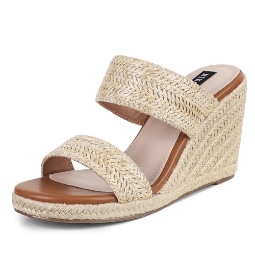 mikarka Slip On Wedge Sandals for Women Open Toe Espadrilles Platform Slides Dressy High Heel Beach Summer Sandal Comfortable Wedges Shoe Mules Natural Raffia US Size 8