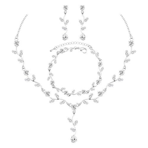 chaoyite Elegant Bridal Jewelry Sets for Wedding Bride Leaf Shape Cubic Zirconia Necklace Earrings Bracelet Set Prom Costume Accessories (3Pcs-Silver-Cubic Zriconia)