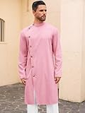 Runcati Mens Kaftan Thobe Button Down Long Sleeve Robe Casual Henley Shirt Cotton Muslim Gown Kurta Tops Pink