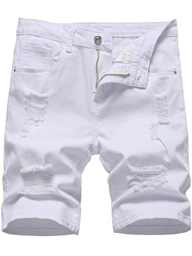 Verdusa Men's Ripped Distressed Raw Trim High Waist Straight Leg Denim Shorts White M